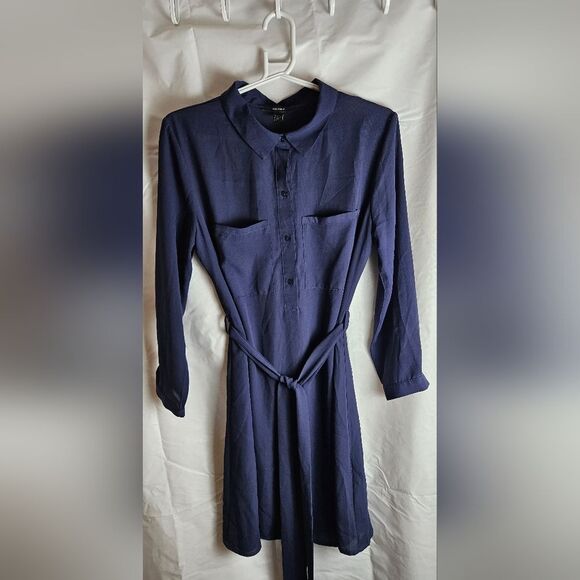 Forever 21 Navy Long Sleeve Shirt Dress with Belt - Size S - Picture 1 of 4